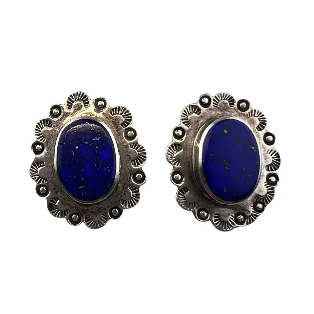 SAUL TM-142 Sterling Silver Pierced Earrings Mexico Vintage Lapis (posts not ss)